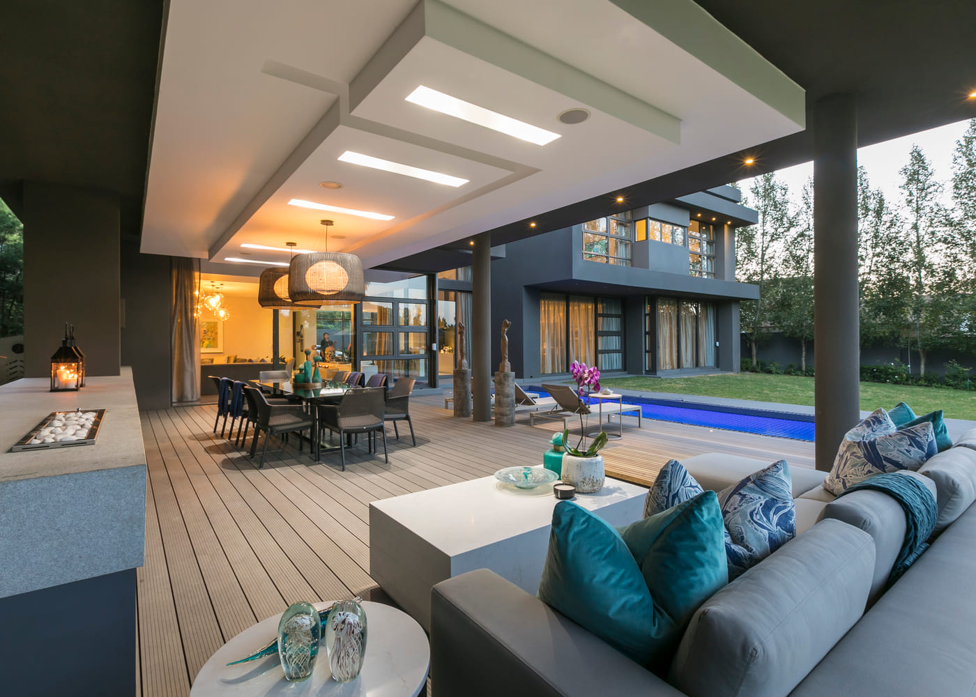 Covered patio furnished as an extension of the living room