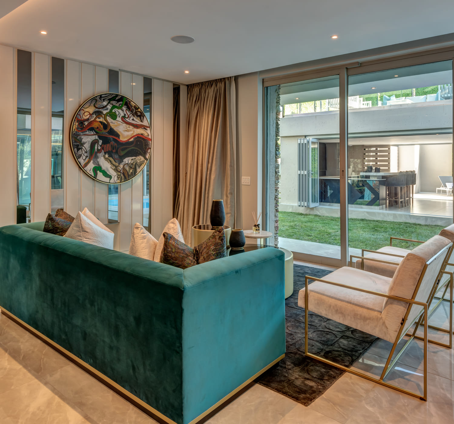 Open plan living space with seating arranged for conversation